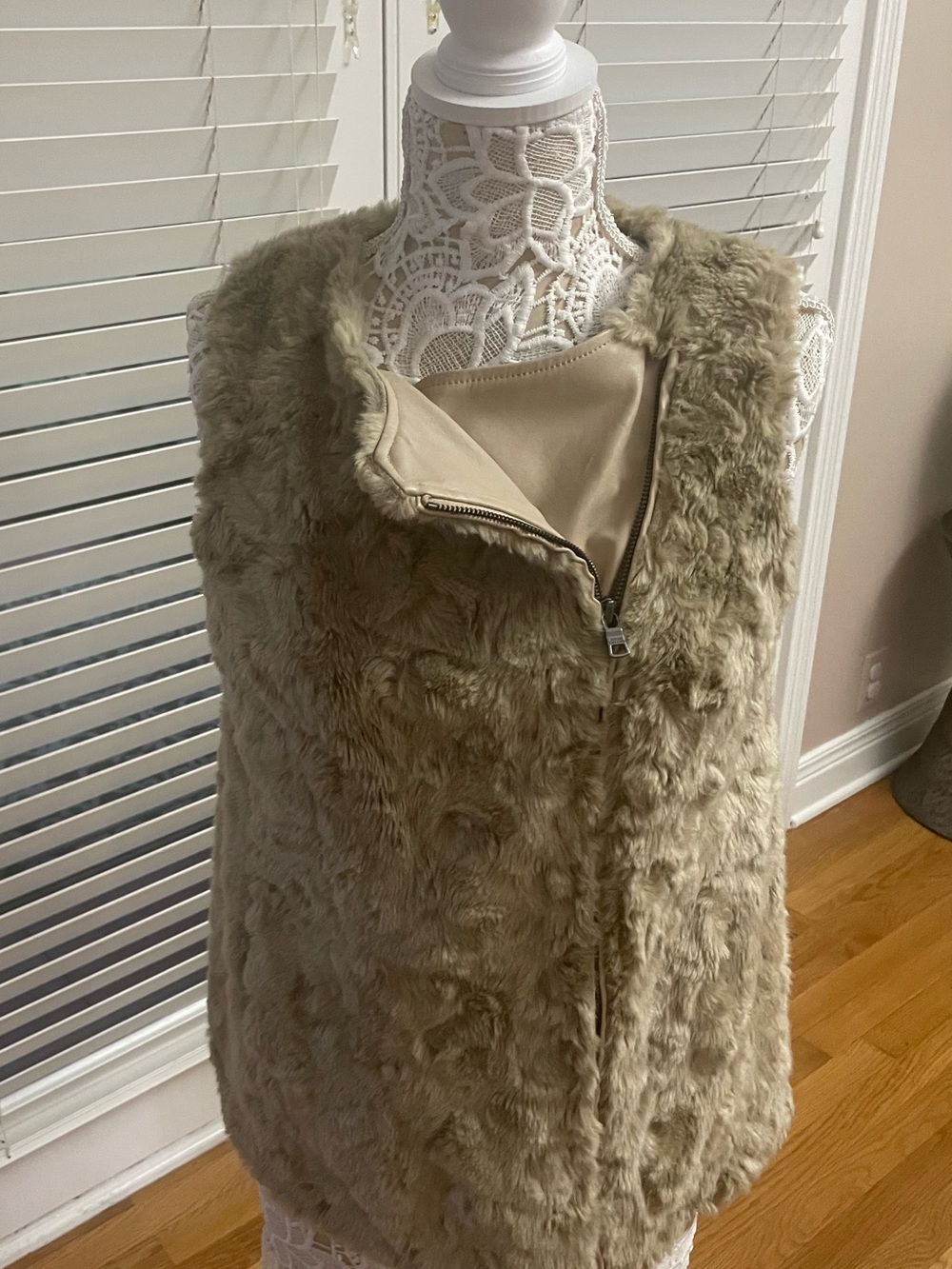 Armani Exchange Plush Faux Fur Vest in Taupe with Leather Accents